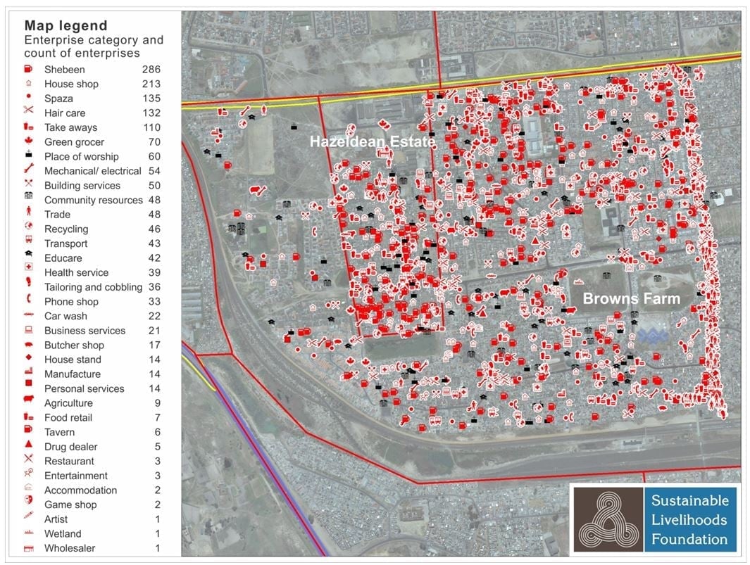 Aerial map plotting the location and category of informal enterprises across the Browns Farm and Hazeldean Estate townships