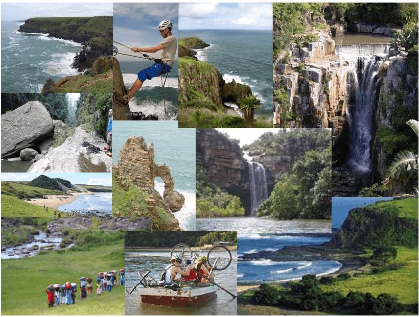 Photo collage of Wild Coast scenery in the former Transkei, including waterfalls, coastline and cyclists