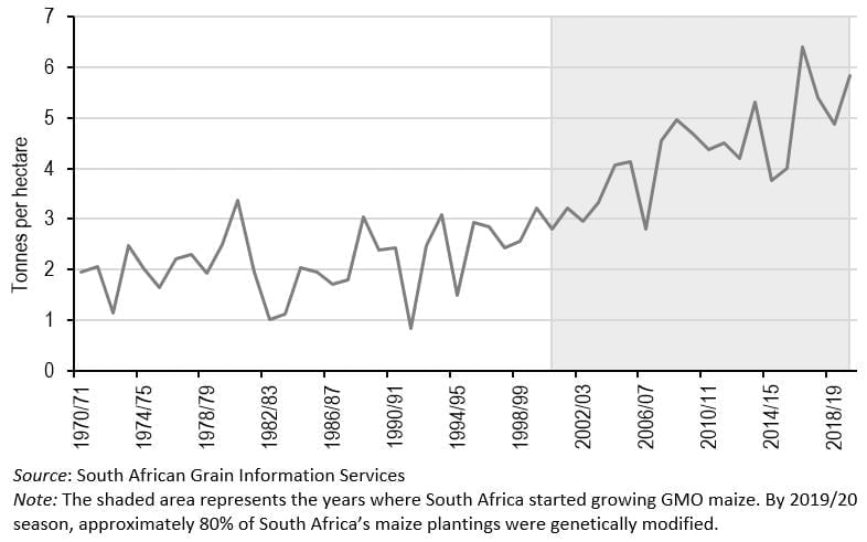 Figure 1: South Africa’s maize yields (tons/ha), 1970/71 to 2019/20