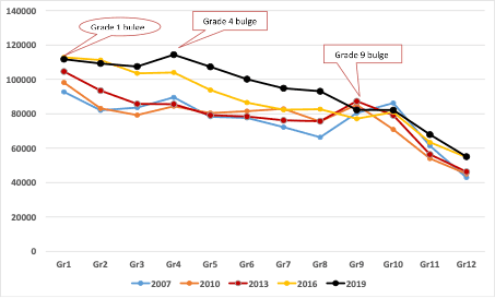 Figure 1: Enrolment in public schools in the Western Cape by grade and for selected years
